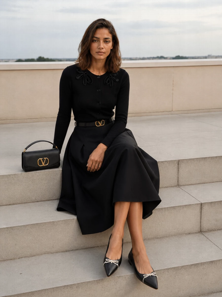 Valentino black bow cardigan flared midi outfit