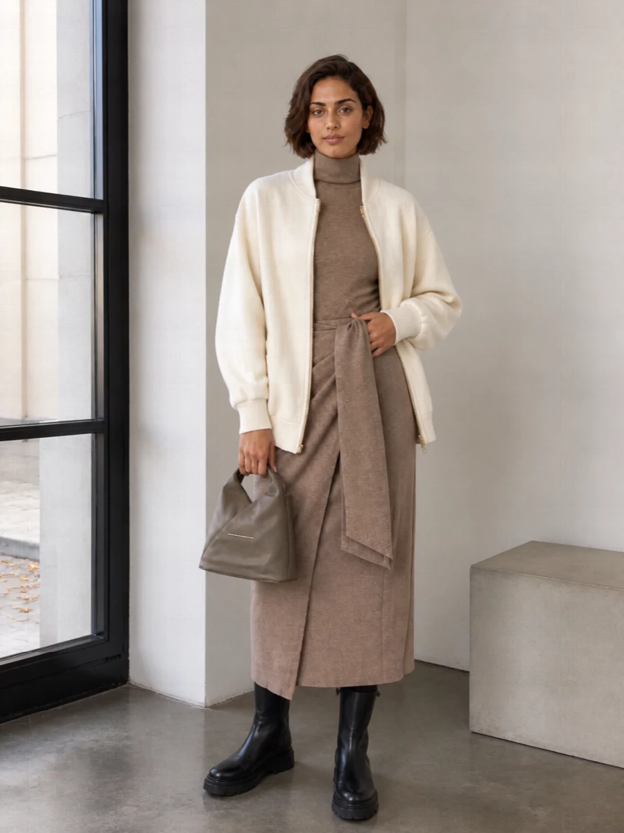 This outfit takes the cocooning ivory Sportmax bomber into a quietly luxurious city mood with a taupe Max Mara knit wrap dress as the long, clean base. Chunky-soled black ankle boots keep it grounded and winter-ready, while the sculptural taupe-grey bucket bag ties the neutral story together with a subtle, modern edge. The result is a calm, elongated silhouette that works from office days to low-key dinners without ever feeling overdone.