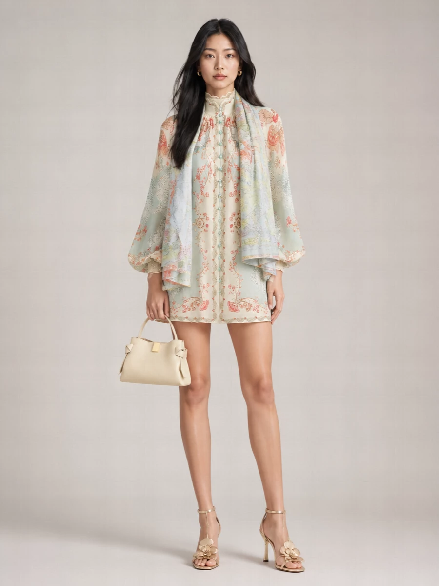 Faliero Sarti Silk Blend Printed Fringed Scarf