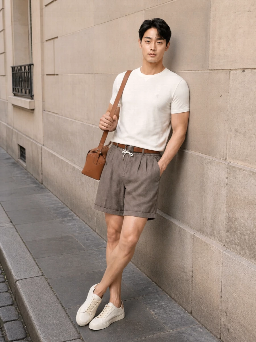 An ivory Brunello tee is grounded with softly tailored taupe drawstring shorts for a relaxed, resort-ready take on quiet luxury. Eggshell-and-sand sneakers keep the palette light and cohesive, while the tan Loewe bag and discreet Ferragamo belt introduce just enough warm leather to sharpen the look without disturbing its ease.