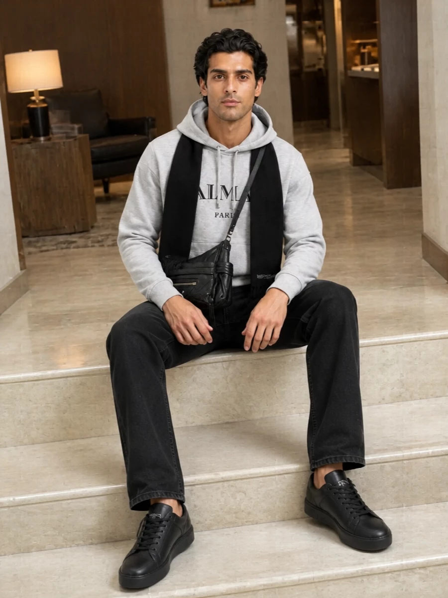 Balmain grey hoodie black jeans streetwear outfit