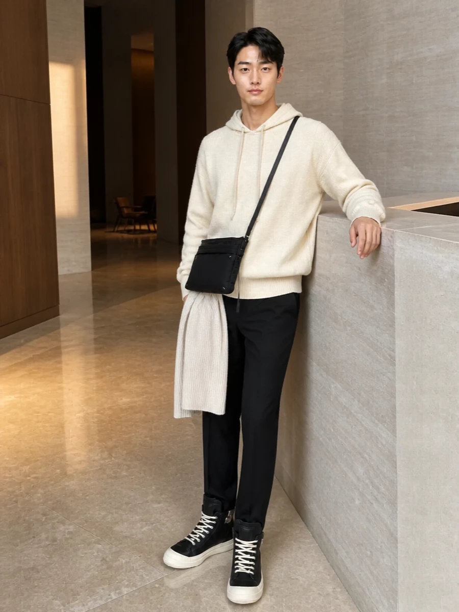Rick owens hoodie black trousers high top sneakers