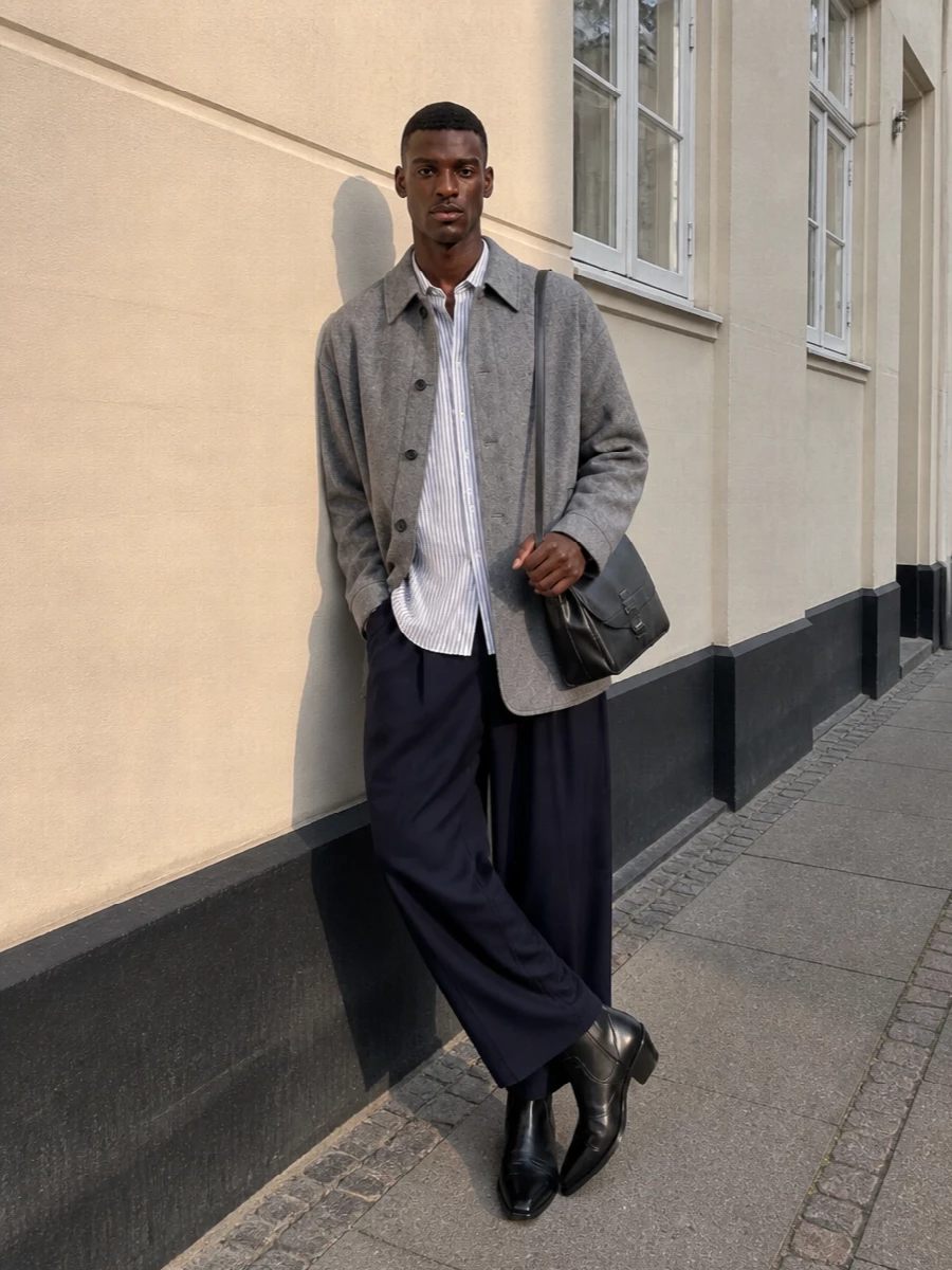 Acne studios grey coat wide navy trousers