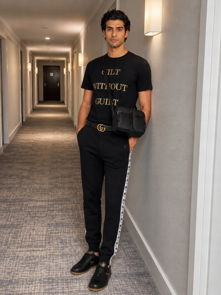 Moschino gold logo tshirt track pants outfit