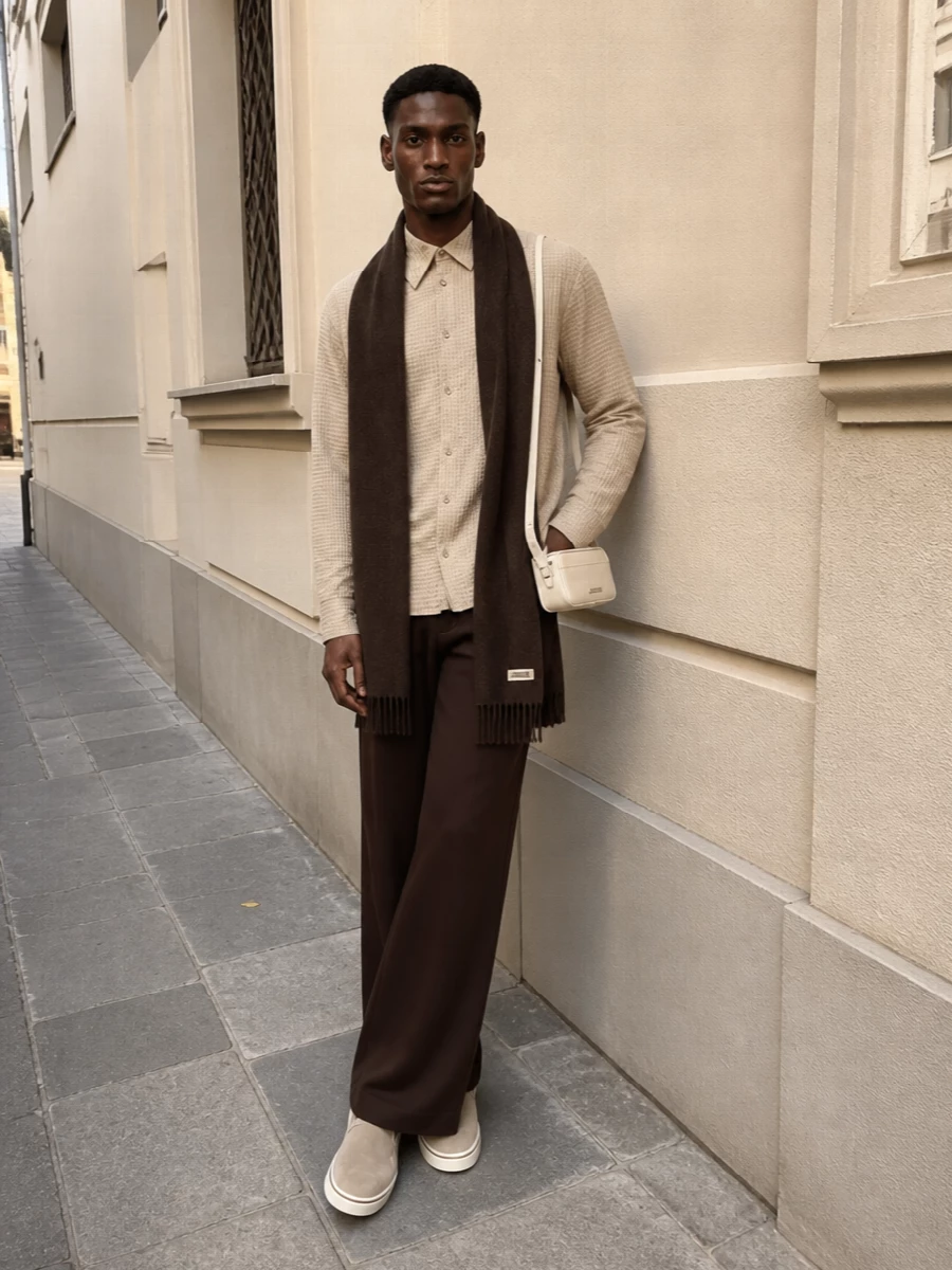 Sefr waffle shirt wide brown trousers outfit