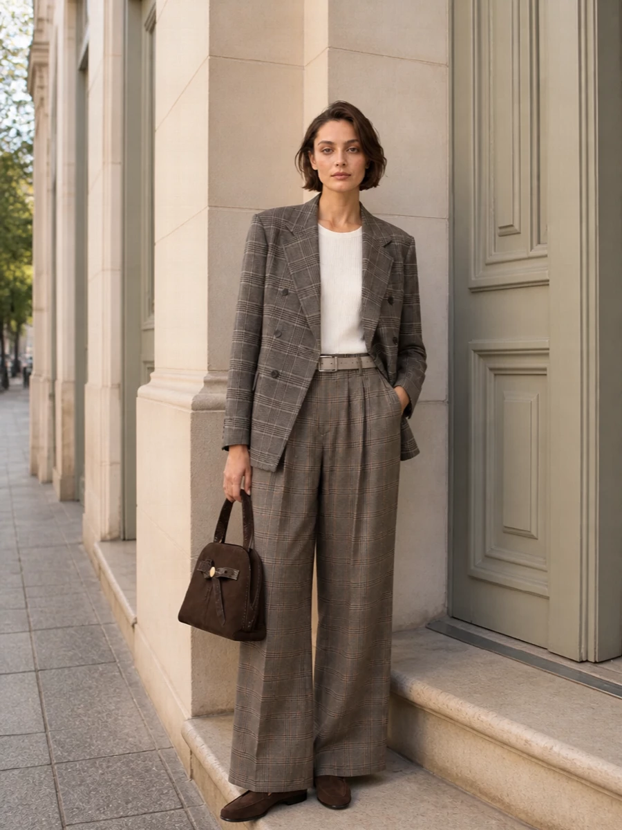 Tagliatore blazer checked wide leg trousers outfit