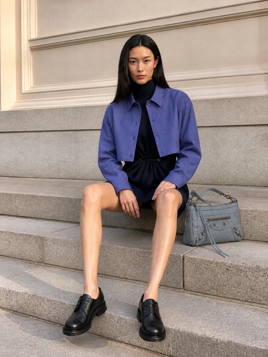 Balenciaga cropped shirt jacket navy knit mini dress