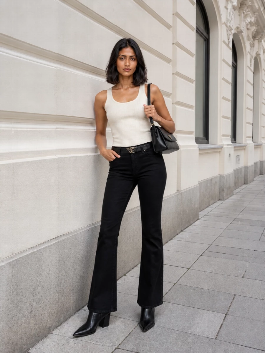 A black-and-cream Amiri base keeps this outfit sharp and graphic, letting the flared trouser and ribbed tank carry a clean, rock-leaning line. Prada’s pointed ankle boots, slim belt and structured shoulder bag refine the edge just enough for city days that drift into late dinners. It feels deliberate but unfussy, all about proportion and a few precise details rather than loud branding.