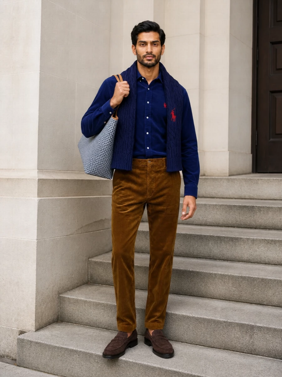 Polo corduroy shirt tods suede loafers outfit