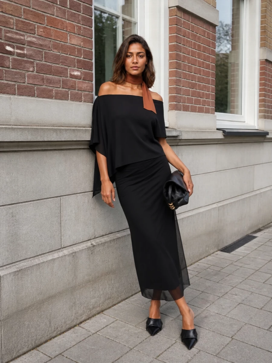 Loewe off shoulder top black midi skirt outfit