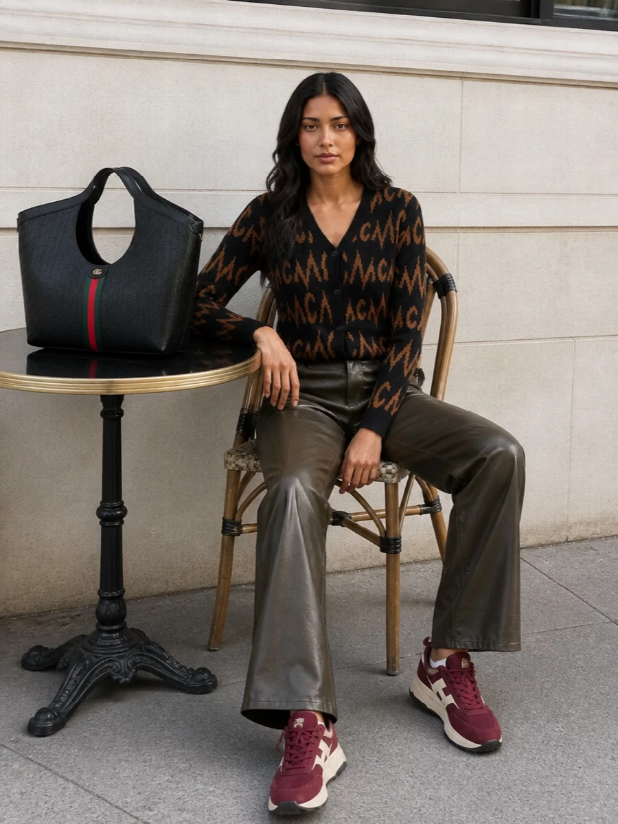 This outfit leans into a logo‑literate, street‑influenced quiet luxury mood built around the Gucci tote, with the cropped monogram cardigan echoing its graphic attitude without overwhelming it. Wide‑leg dark olive denim relaxes the tailoring while keeping the lines long and clean, and the burgundy sneakers pull out the bag’s red stripe so the palette feels intentional rather than matchy. I chose the top‑and‑trouser route over a dress to keep the silhouette more off‑duty and versatile, in tune with the tote’s oversized, everyday energy.