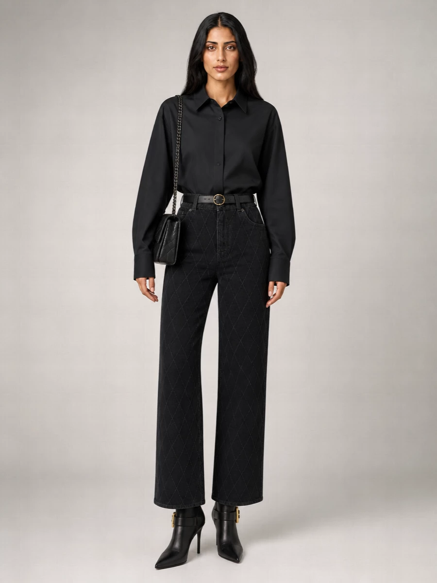 Balmain Denim Diamond Quilted Wide-Leg Flared Jeans