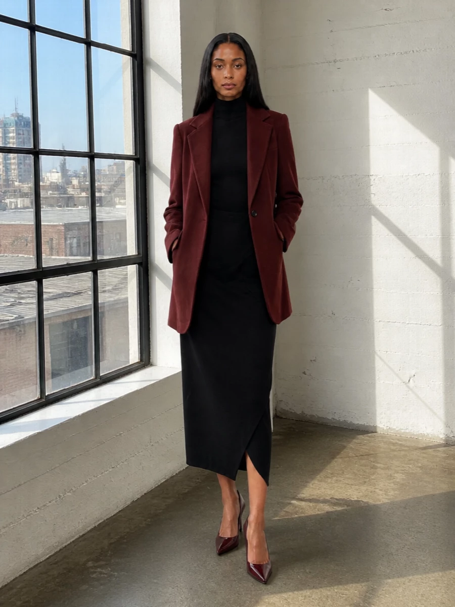 I’m taking the dress route here, because the coat wants a clean, column base and the Parosh knit midi gives you that long, uninterrupted line under tailoring. The oxblood patent pumps and structured bag stay in the same deep wine family as the coat, so the whole composition reads intentional and quietly luxurious rather than matchy or busy. It’s a city evening outfit that feels composed, modern and rich in tone without relying on obvious logos or embellishment.