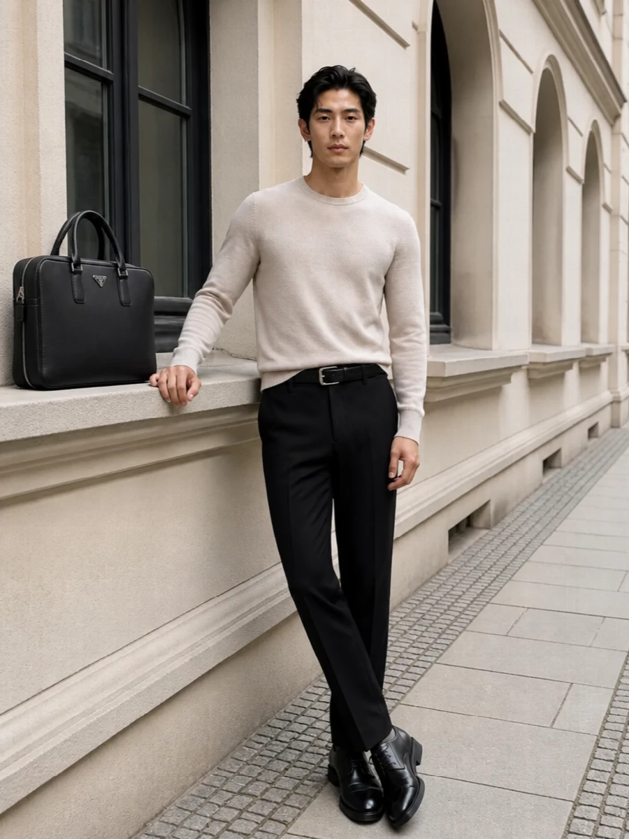 Lanvin black trousers beige knit prada briefcase