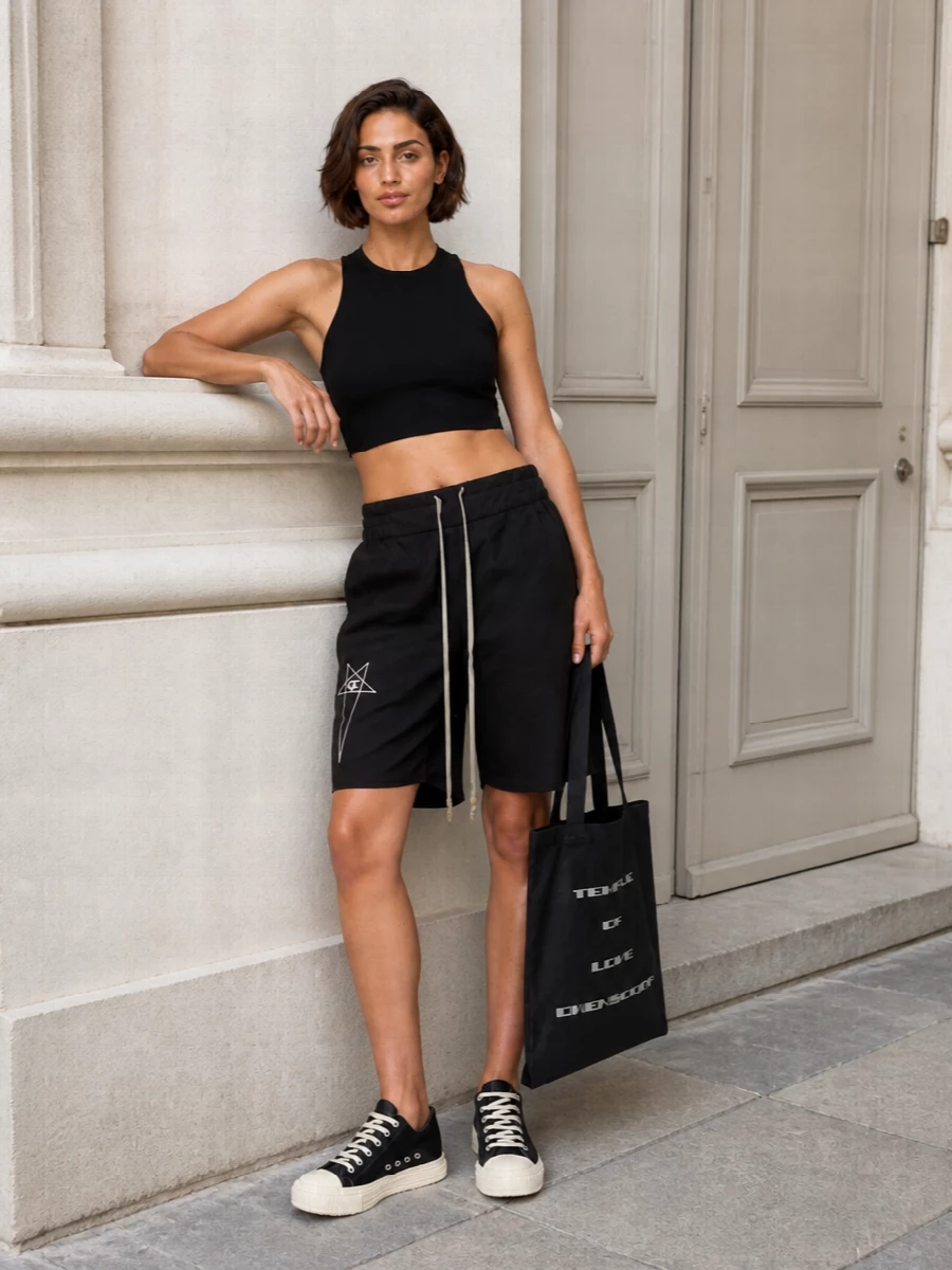 Pure Rick Owens street energy: relaxed sigil shorts with a cropped racerback top keep the line sharp and athletic while staying strictly monochrome. Graphic low-top sneakers echo the drawstrings, and a bold text tote finishes the story with functional, urban attitude. The result is minimal, directional and easy to wear from daytime wandering to late-night pacing around the city.