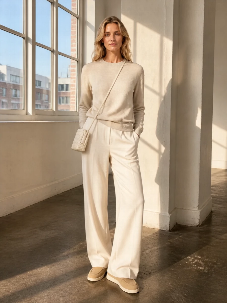 A soft Brunello knit meets fluid ivory tailoring for a tonal, quietly luxurious take on off-duty dressing. The high-waisted wide leg and low-profile loafer keep the proportions long, calm and pulled together. An ivory cross-body and sheer butter-beige wrap hold the palette in that serene, minimalist space without feeling precious.