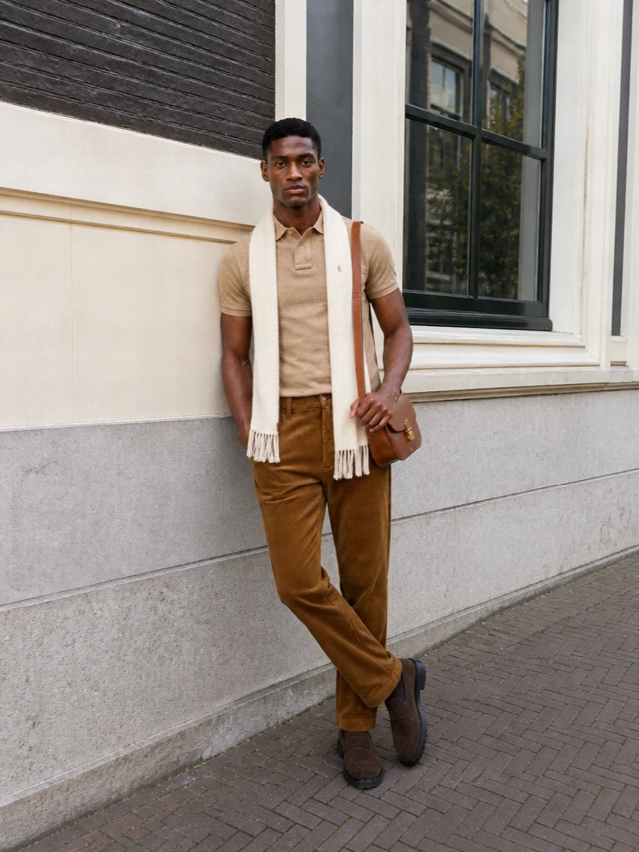 Camel, caramel and cognac sit together here for a warm, collegiate take on casual dressing, anchored by a slim, close-fit polo and clean straight-leg cords. Dark brown suede loafers sharpen the ease of the base, while the structured tan crossbody and cream ribbed scarf add quiet structure and light without disturbing the minimal palette.