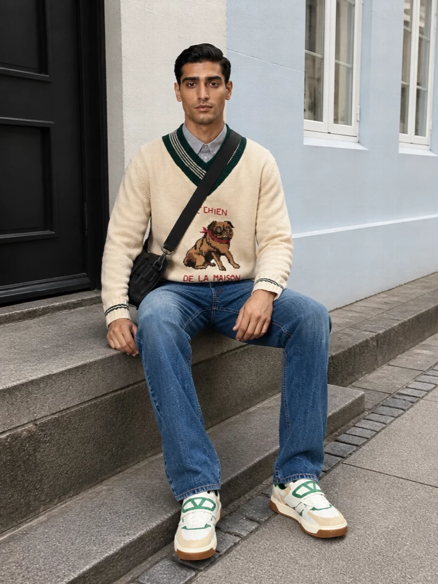 Valentino denim outfit preppy jumper sneakers