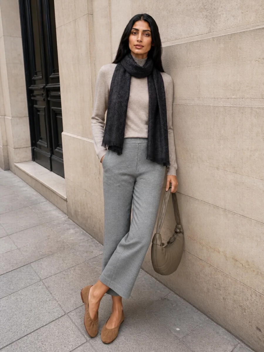 Beige wide leg trousers knit mock neck outfit