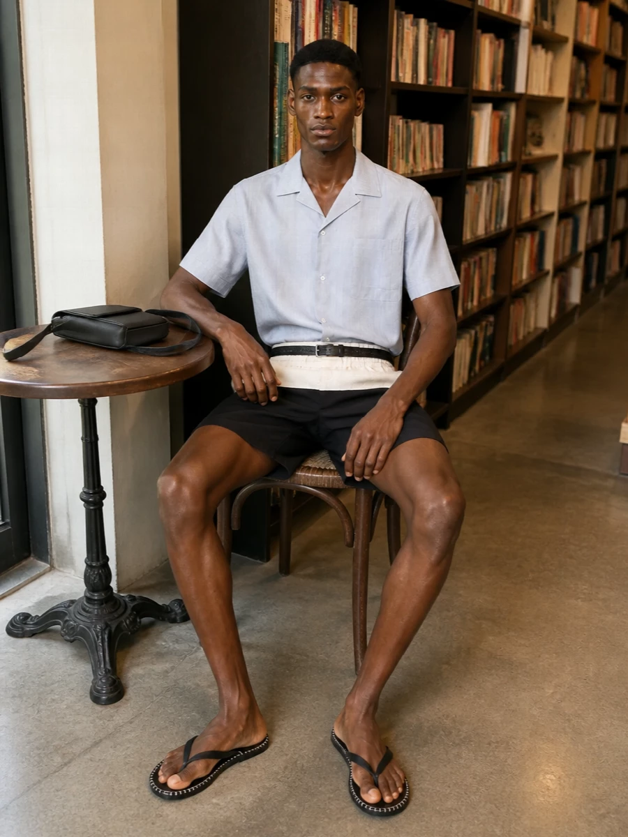 Dries van noten striped shirt black shorts slides