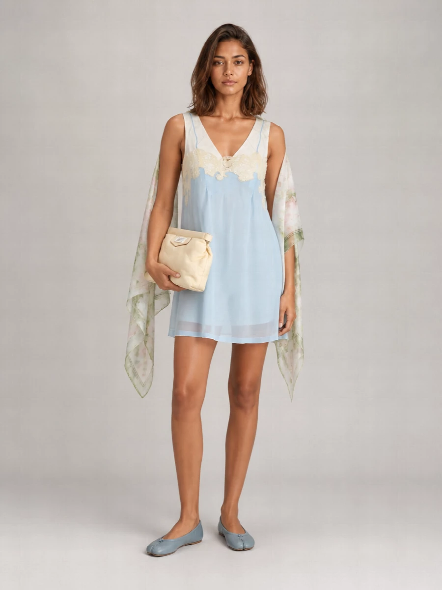 Maison Margiela Cupro Lace-Trimmed V-Neck Mini Slip Dress