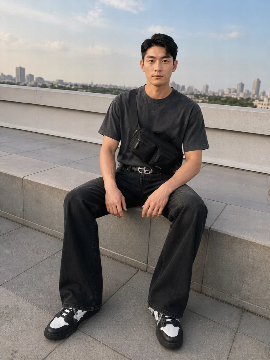 Off white flared jeans charcoal tee black sneakers