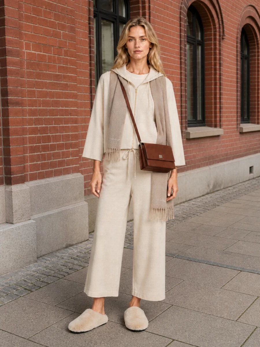 Max mara cream lounge pants cropped hoodie outfit