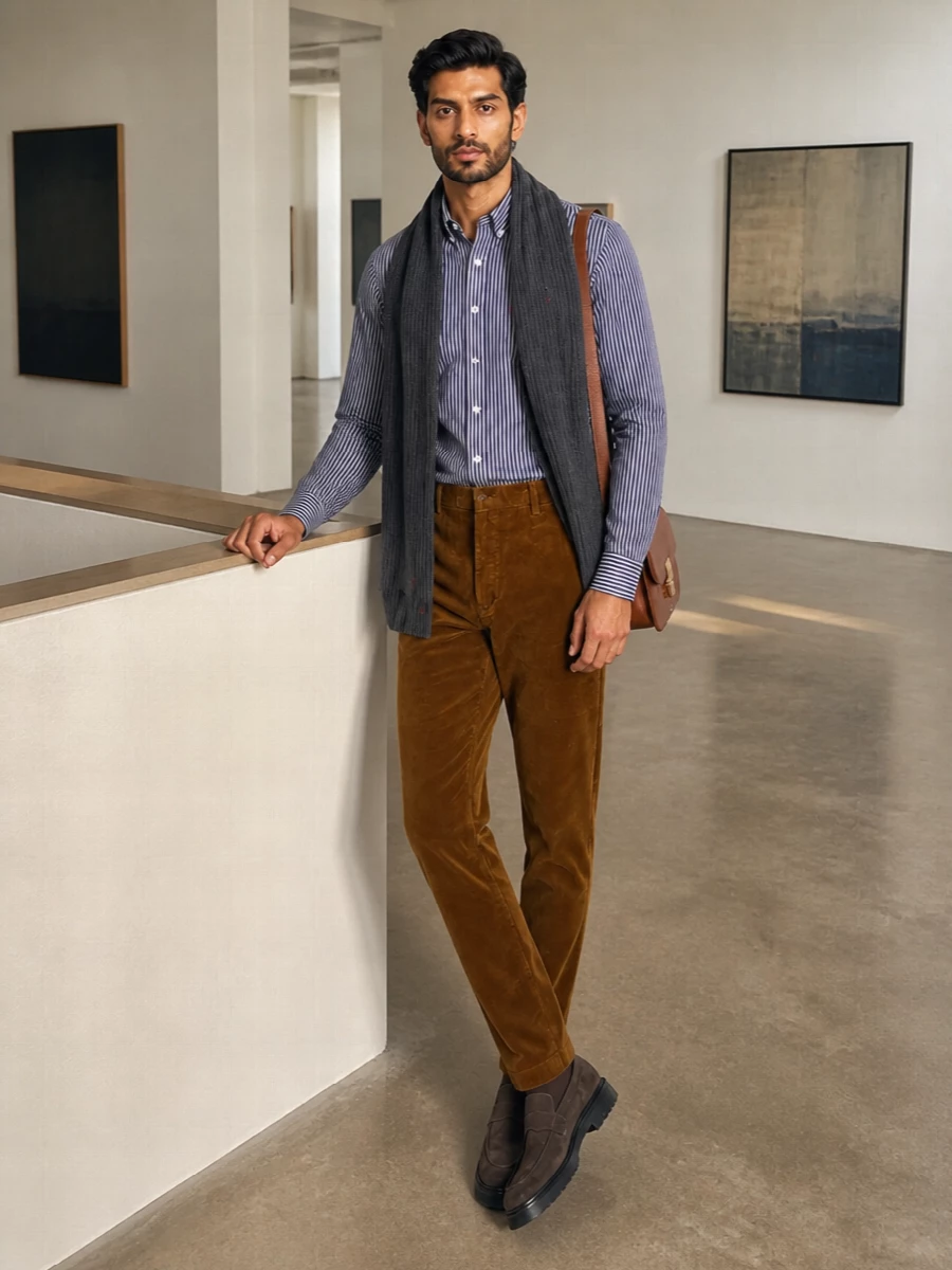 Navy stripes meet caramel corduroy for a polished campus feel that works from casual office hours to weekend city walks. Dark brown suede loafers and a cognac crossbody keep the mood refined but relaxed, with the charcoal scarf tying together the cool navy and warm earth tones. The result is a quietly confident preppy outfit that feels seasonal and considered without looking overdone.