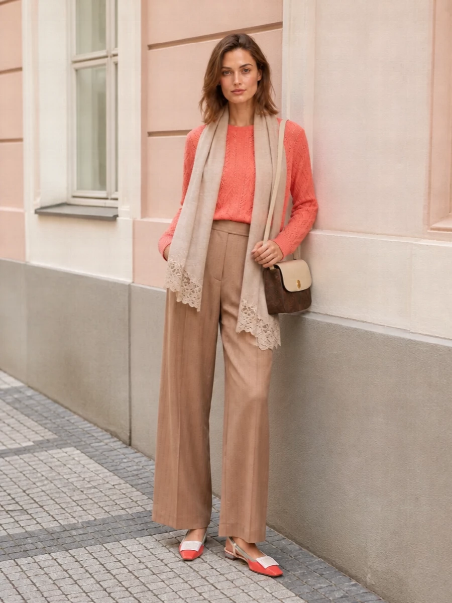 Etro coral sweater camel wide leg trousers
