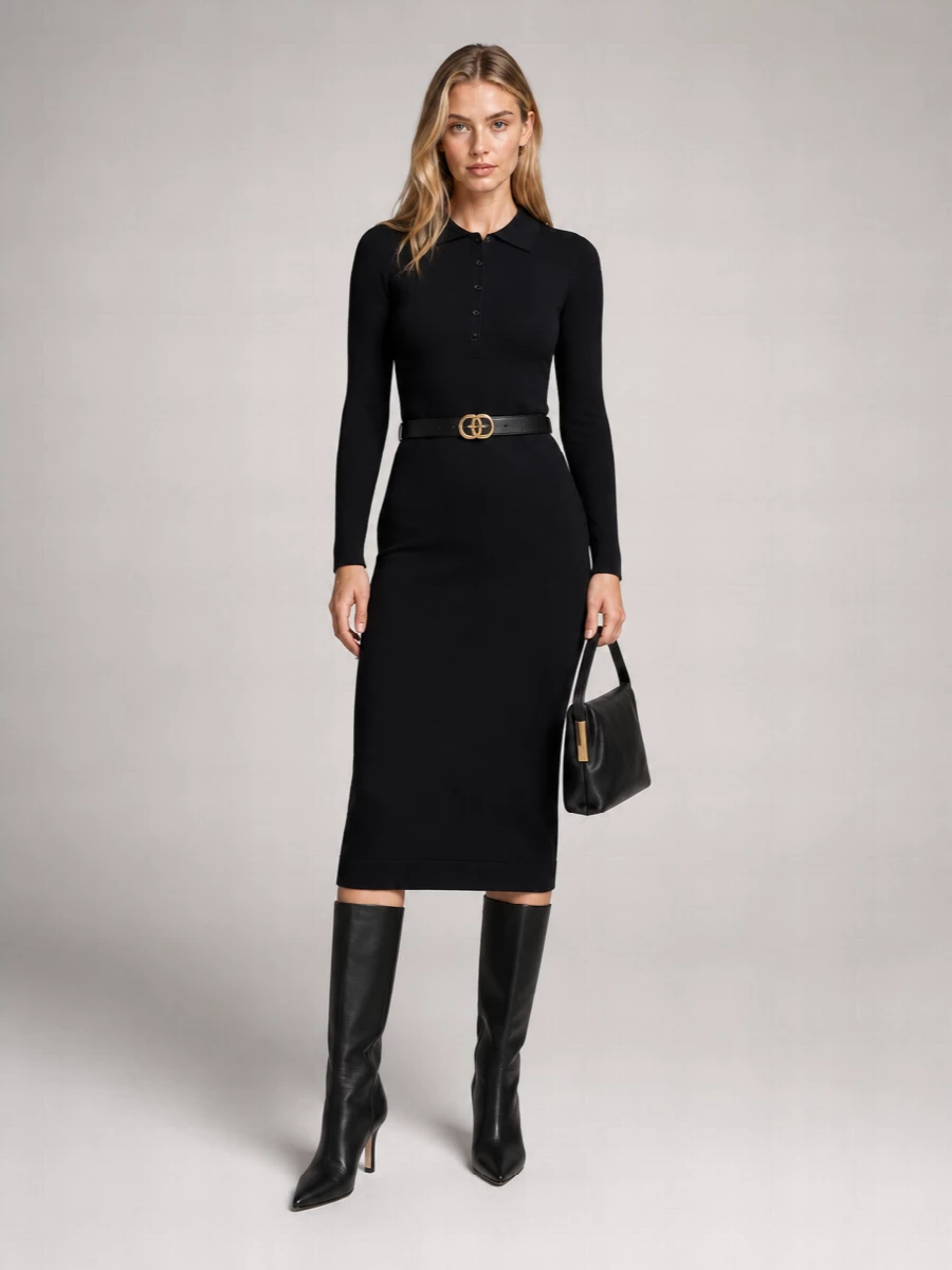 A sleek black polo dress is cinched with a fine leather belt, creating a clean, elongated line that feels quietly refined. Pointed knee-high boots and a folded shoulder bag keep everything sharply urban yet understated. Tiny gold studs finish the outfit with a subtle flash that suits both desk hours and late drinks.