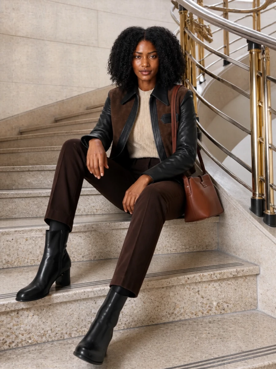 Marni brown bomber jacket tailored trousers outfit