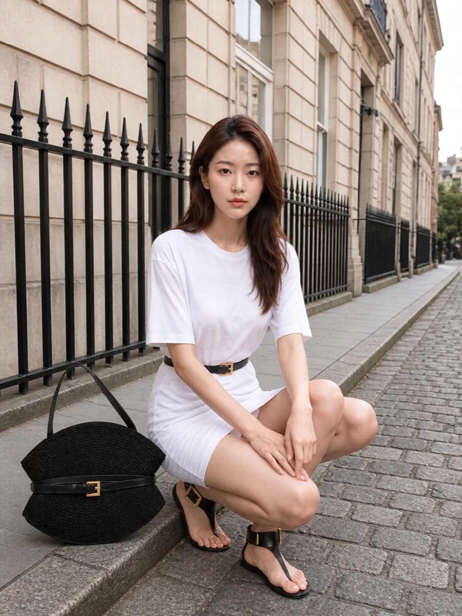 Balmain white tshirt dress black flat sandals