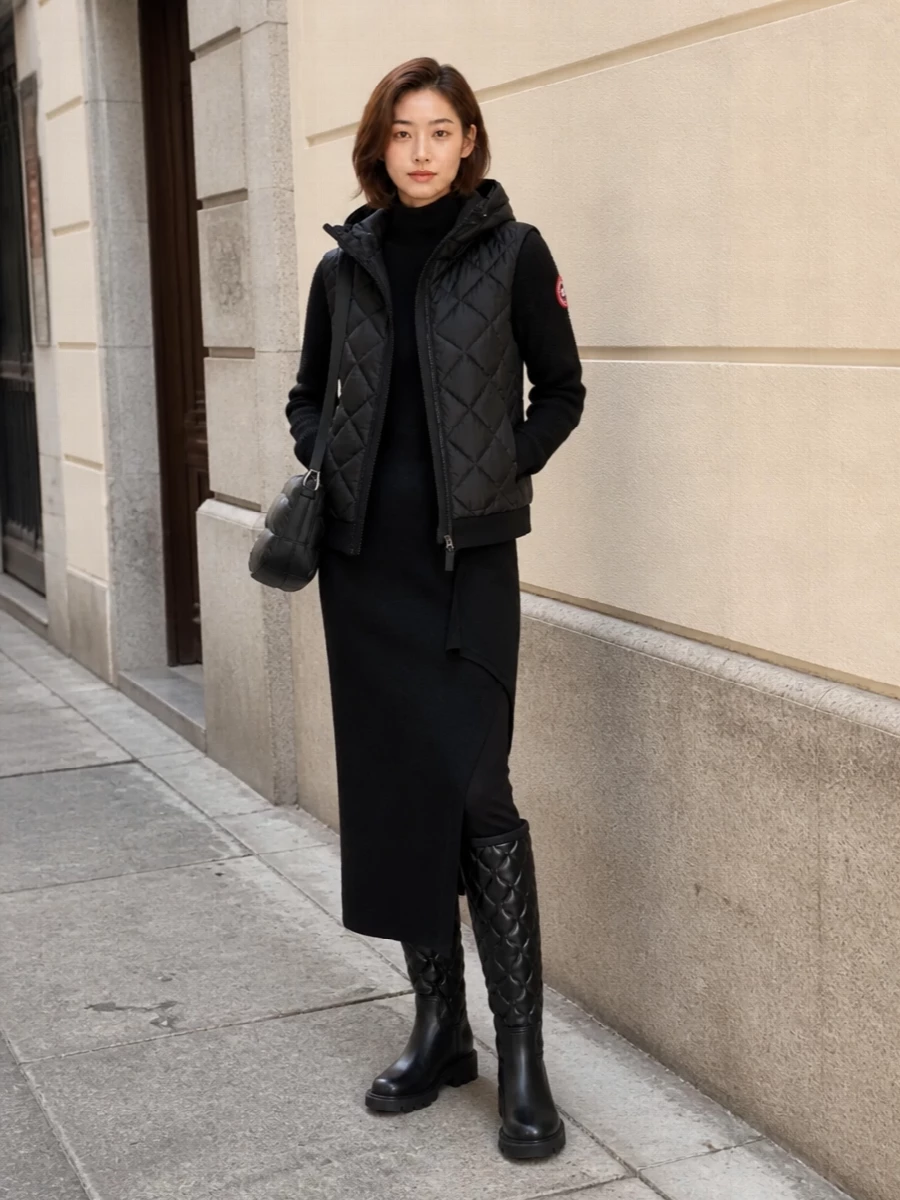 Canada goose jacket black knit midi dress outfit