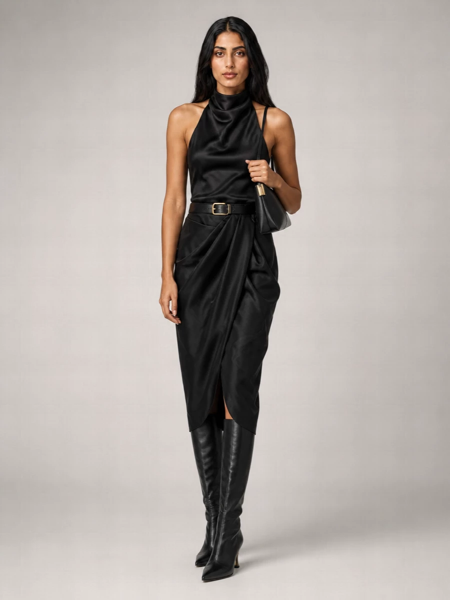 Balmain Leather Asymmetric Draped Midi Skirt
