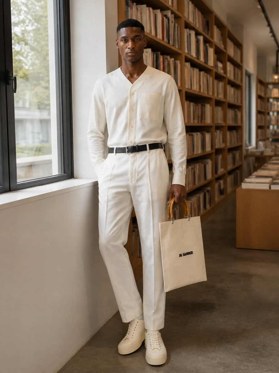 An almost monochrome field of soft whites and ivory puts cut and proportion at the center, letting the pleated trouser and collarless shirt do the quiet work. The creamy sneaker and bamboo-handled tote keep the mood relaxed but precise, ideal for warm days when you want polish without stiffness. A sharp black belt at the waist adds just enough definition and contrast to hold the silhouette together.