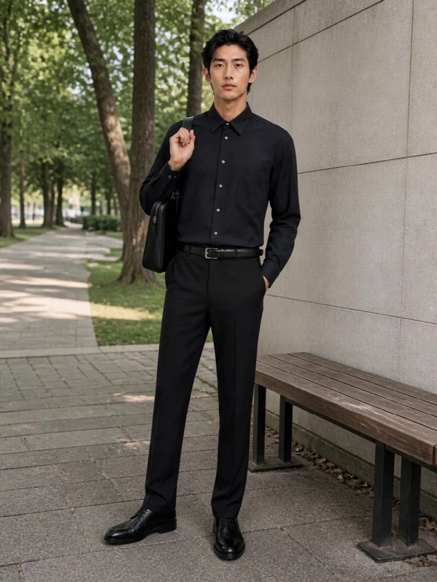 The row shirt black derby briefcase outfit