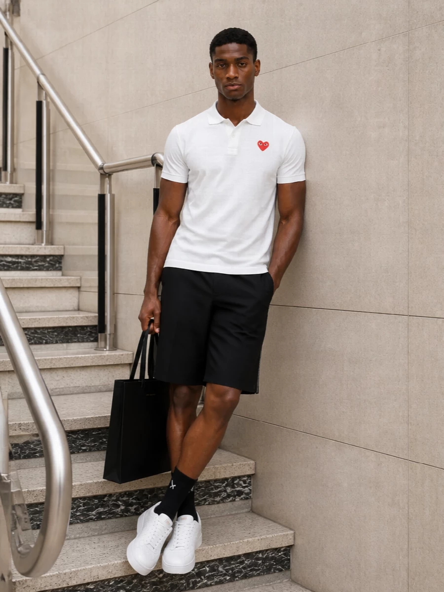 Comme des garcons polo black tailored shorts outfit