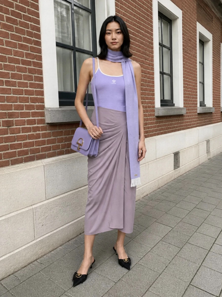 Versace lilac camisole mauve draped skirt outfit