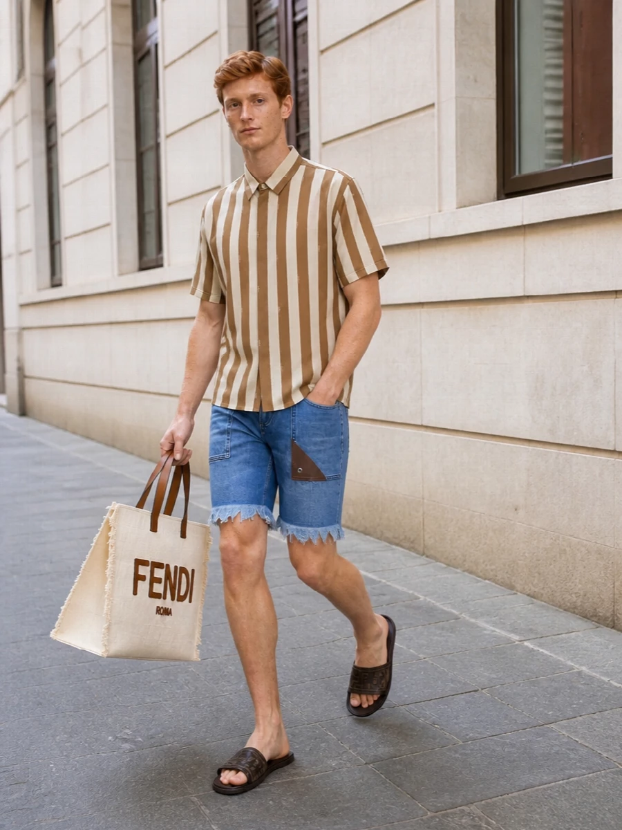 Fendi denim shorts striped shirt summer outfit