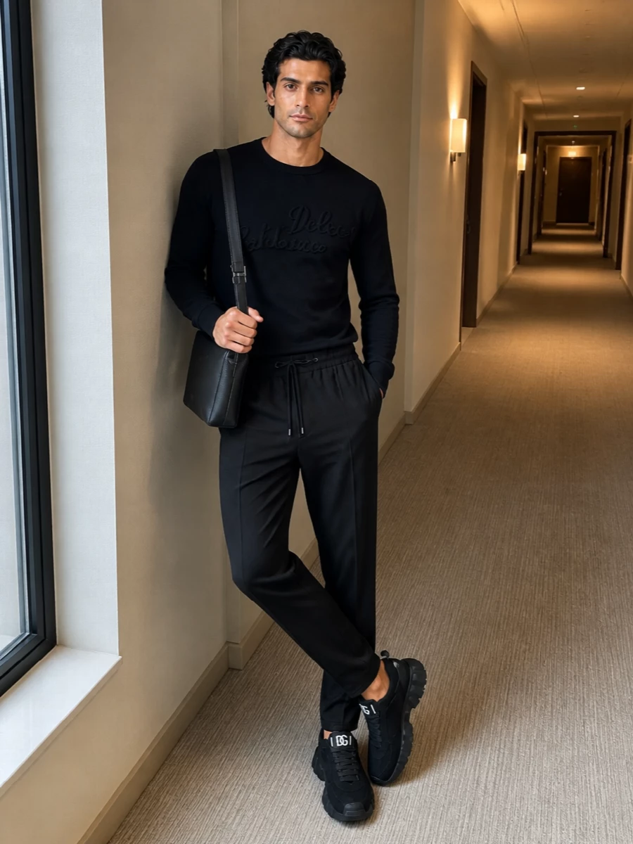 Dolce gabbana black knit jogger outfit sneakers