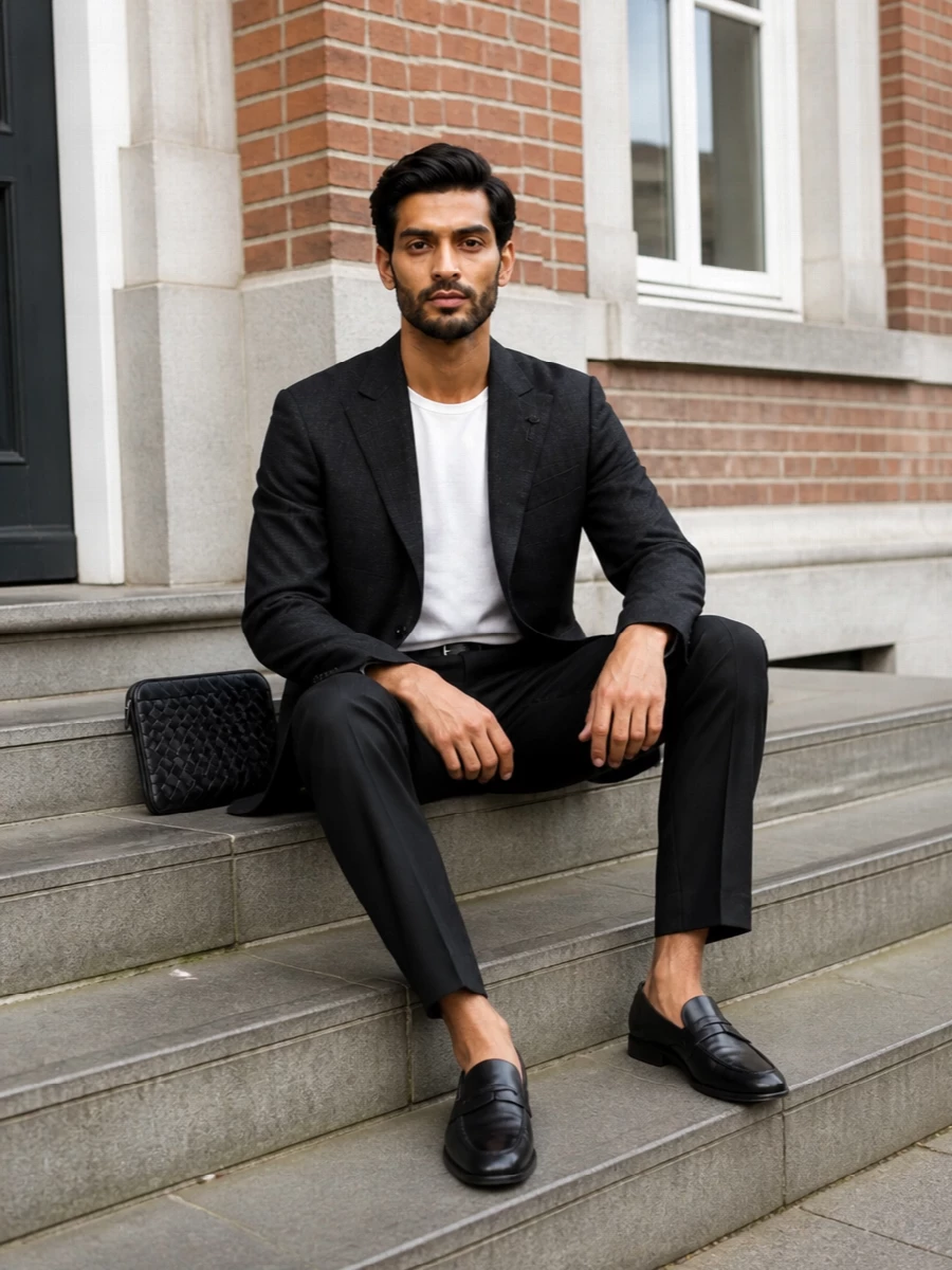Lardini charcoal blazer pleated trousers outfit