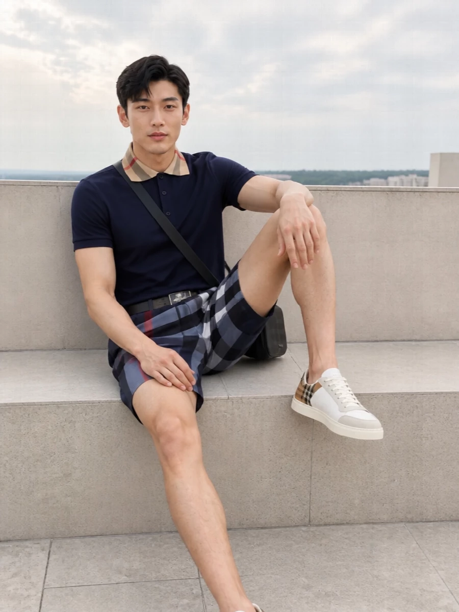 Burberry navy polo check swim shorts outfit