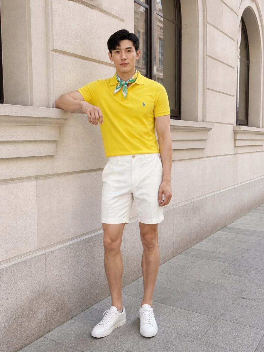 Polo ralph lauren yellow polo ivory shorts outfit