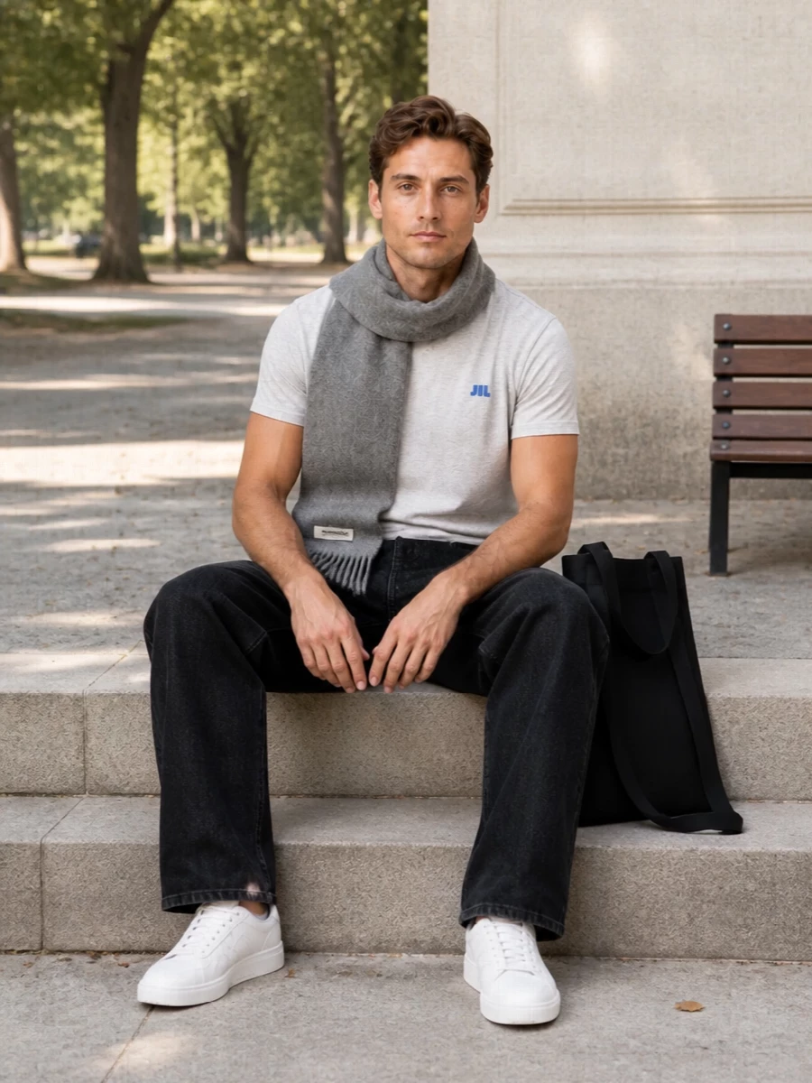 Jil sander grey tee black jeans white sneakers