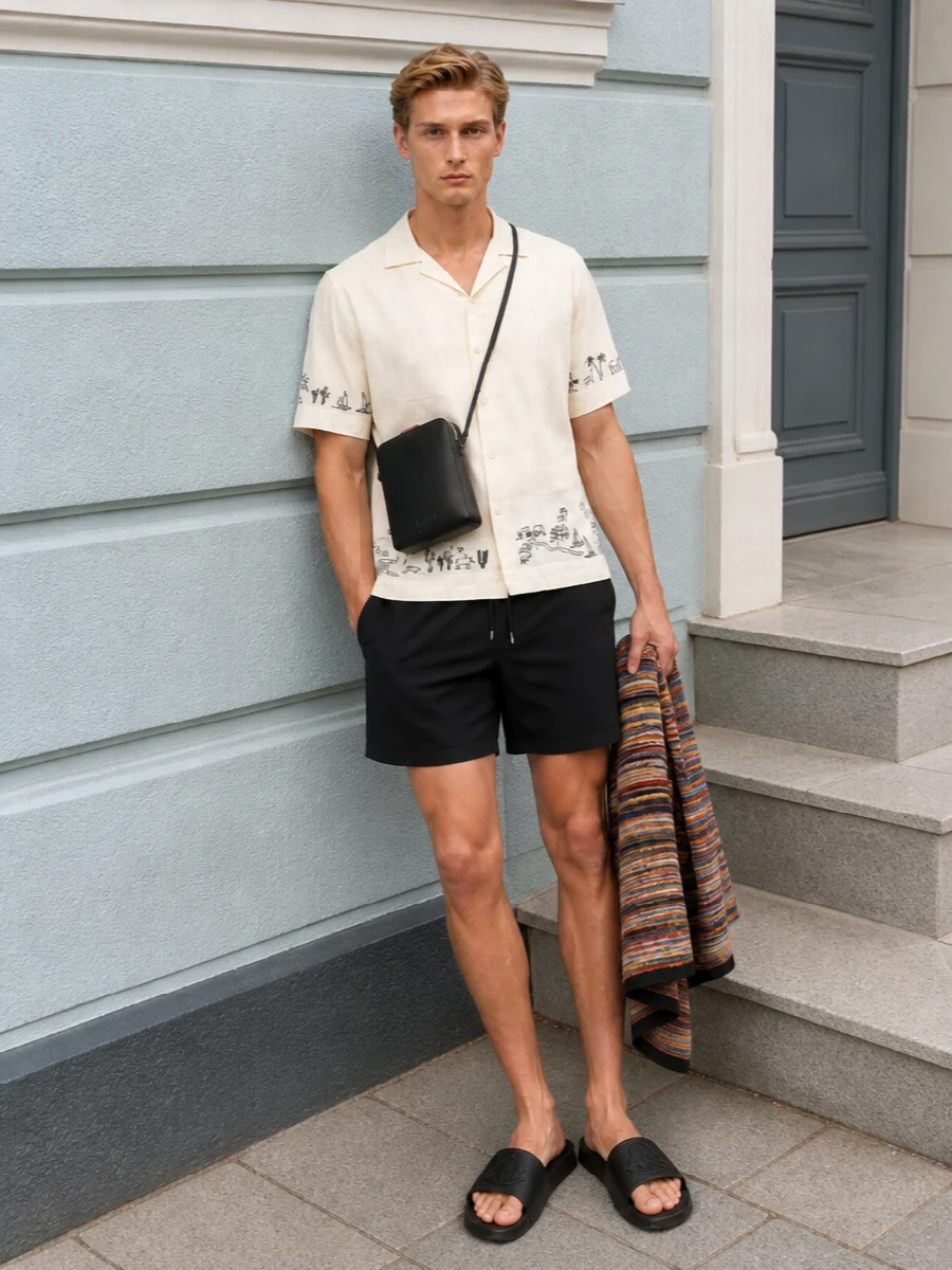 Paul smith black swim shorts cream camp shirt outfit