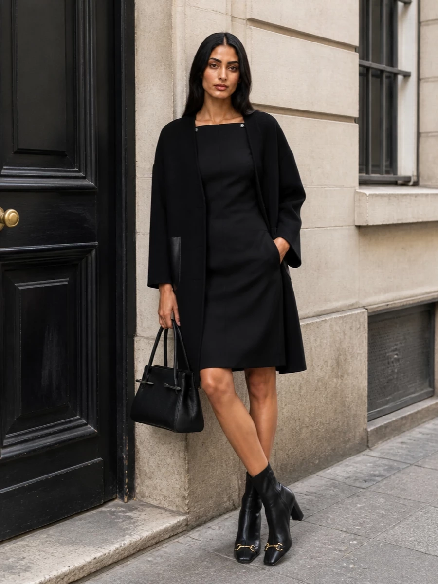 Gucci black sheath dress coat outfit