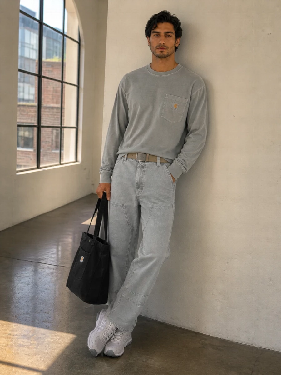 A soft grey-on-grey story keeps the work pants and long-sleeve tee feeling modern and stripped back, with just a hint of warmth from the sand belt. Chunky pale New Balance runners underline the streetwear angle, while the oversized black tote adds practical contrast and grounds the palette. The result is a clean, utility-driven uniform that feels easy for colder city days without reading heavy.