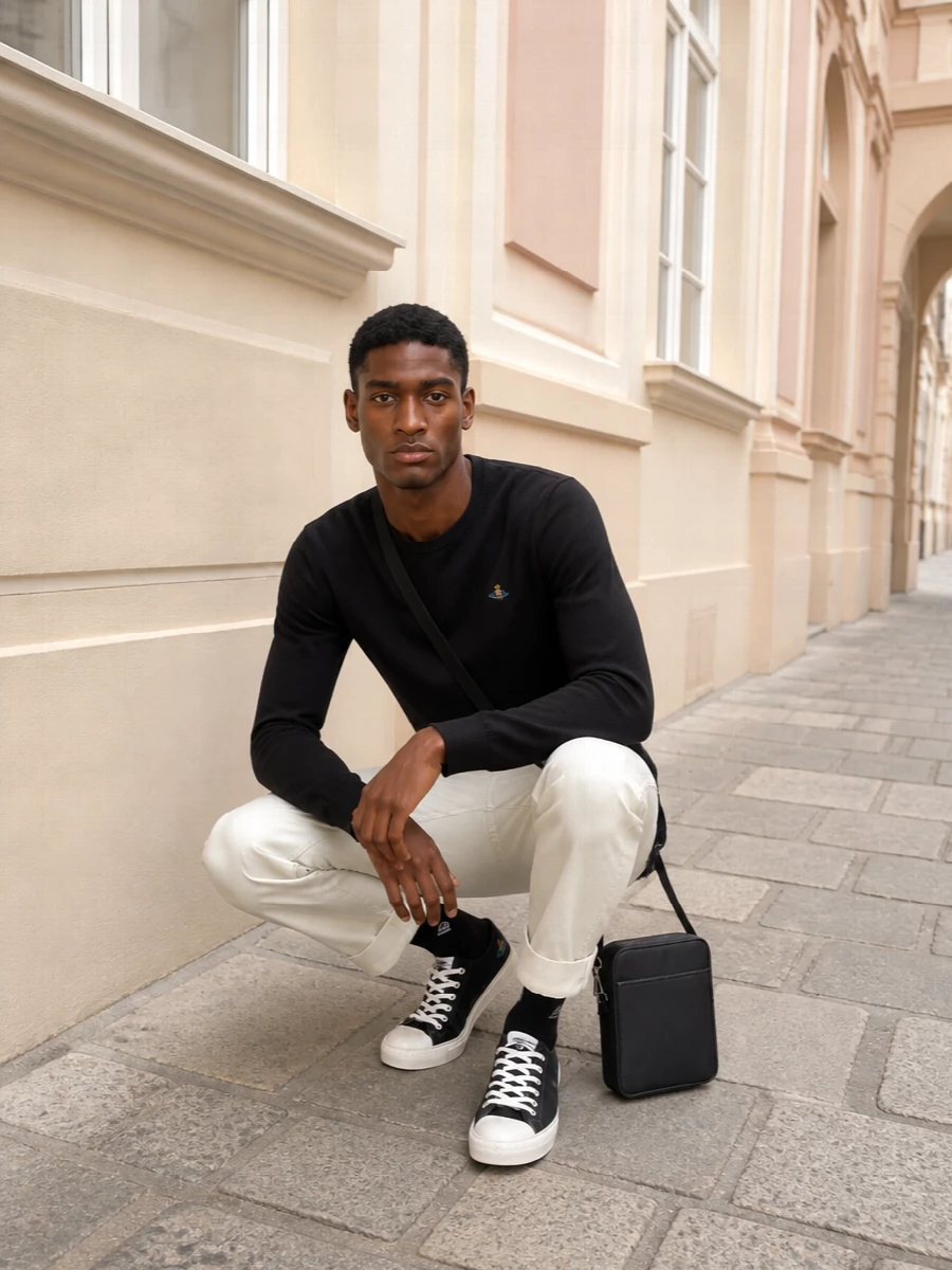 Vivienne westwood black sweater off white trousers