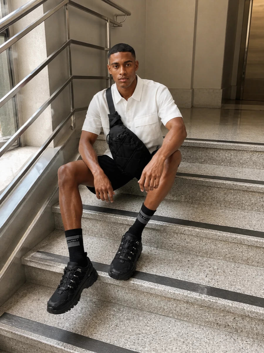 A monochrome C.P. Company base keeps this pairing sharp: black utility shorts with a crisp white technical shirt for a clean, urban summer uniform. All-black trail runners and a streamlined sling bag reinforce the tactical edge while staying practical for all-day city movement. Black tabi socks add a quiet, subversive detail without breaking the tight palette.