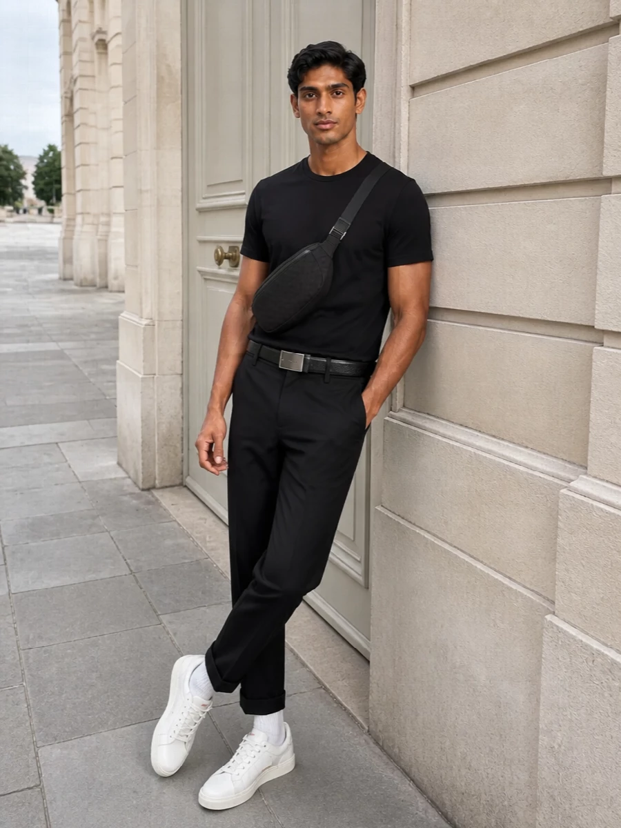 Golden goose black tee cropped trousers outfit